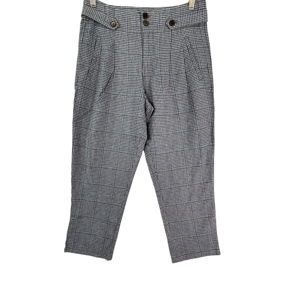 Sundance Trousers Women P6 Blue Black Houndstooth Cotton Linen Pleated Cropped